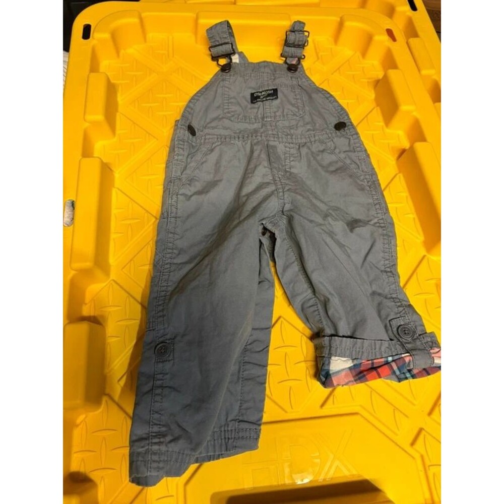 OshKosh B'gosh grey toddler plaid-lined overalls. 12M
